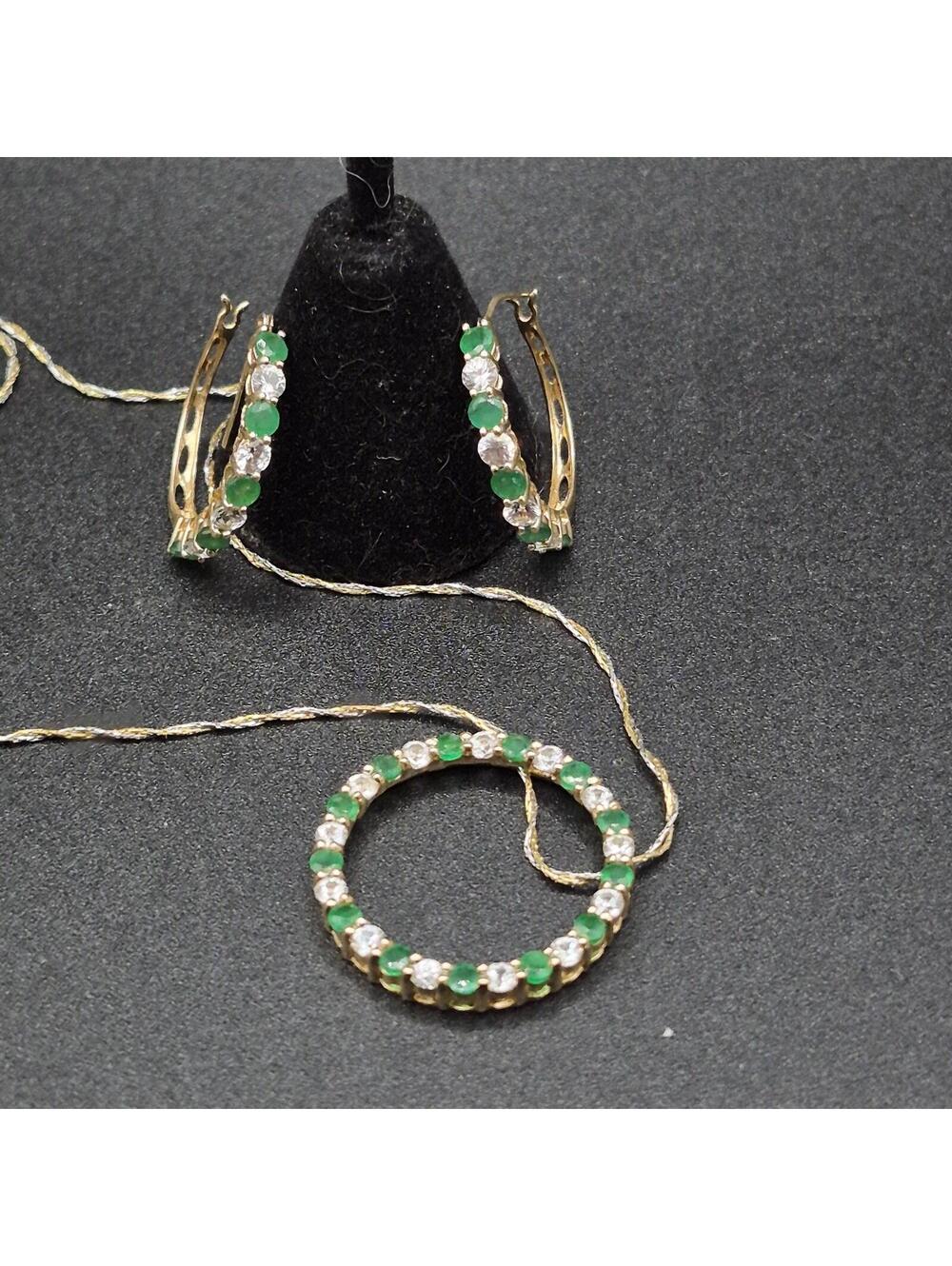 14K Gold 925 Twist Chain Necklace Emerald CZ Circle Pendant Huggie Earrings Set
